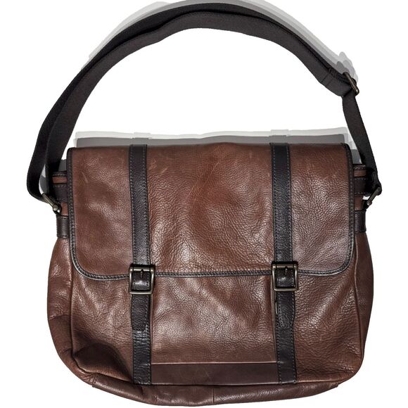 Fossil Brown Cow Hide Heavy Thick Leather Messenger Bag Interior Pockets 16x14x3 - Picture 1 of 16
